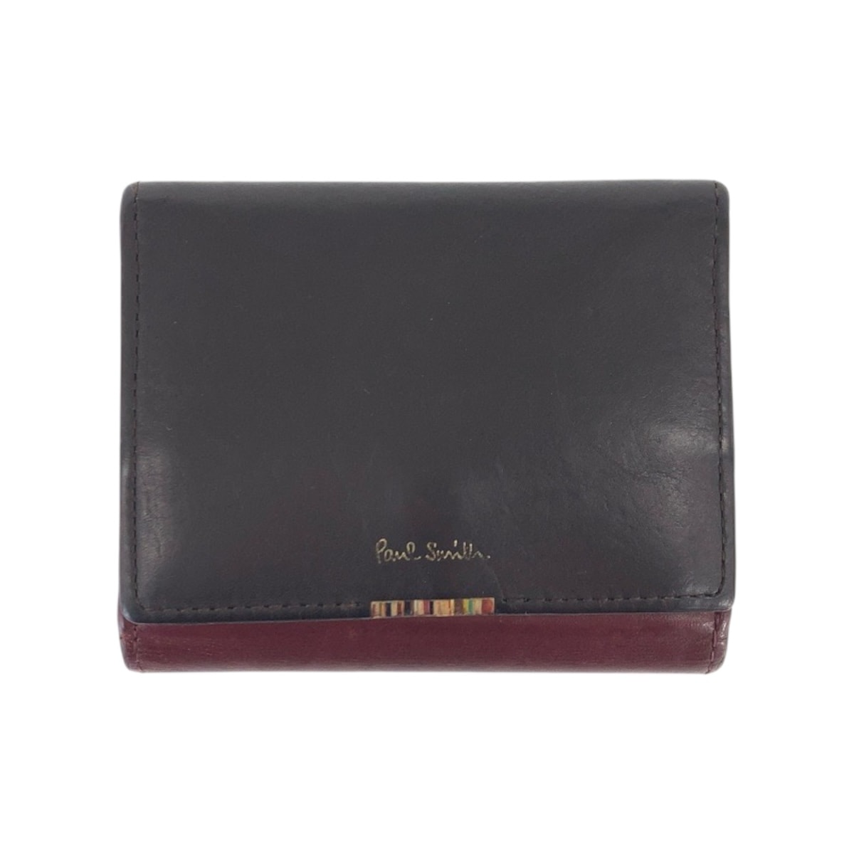 Paul Smith ポール スミス マルチストライプタブ ブラウン ボルドー ゴールド金具 レザー 折財布 コンパクトウォレット 600548 【中古】