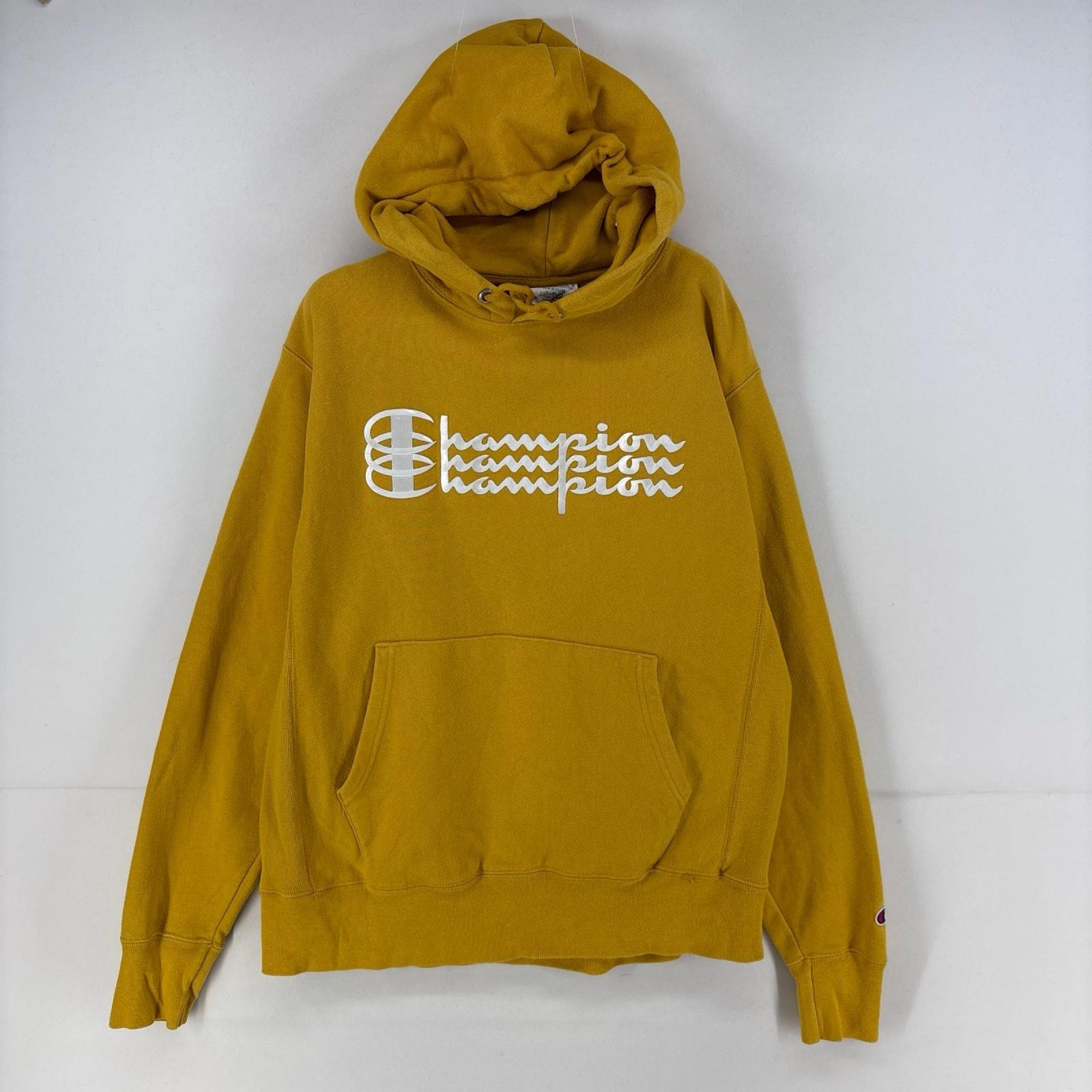古着 チャンピオン Champion パーカー ロゴ 刺繍 リバースウィーブ 3段ロゴ スウェット M  イエロー メンズ