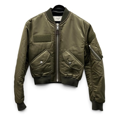 CELINE 美品 セリーヌ 24SS NYLON CROPPED BOMBER JACKET MA-1 ボンバージャケット 2W64A889O ナイロンジャケット ブルゾン カーキグリーン ショート丈 ABランク 中古 鑑定済 セリーヌジャケット
