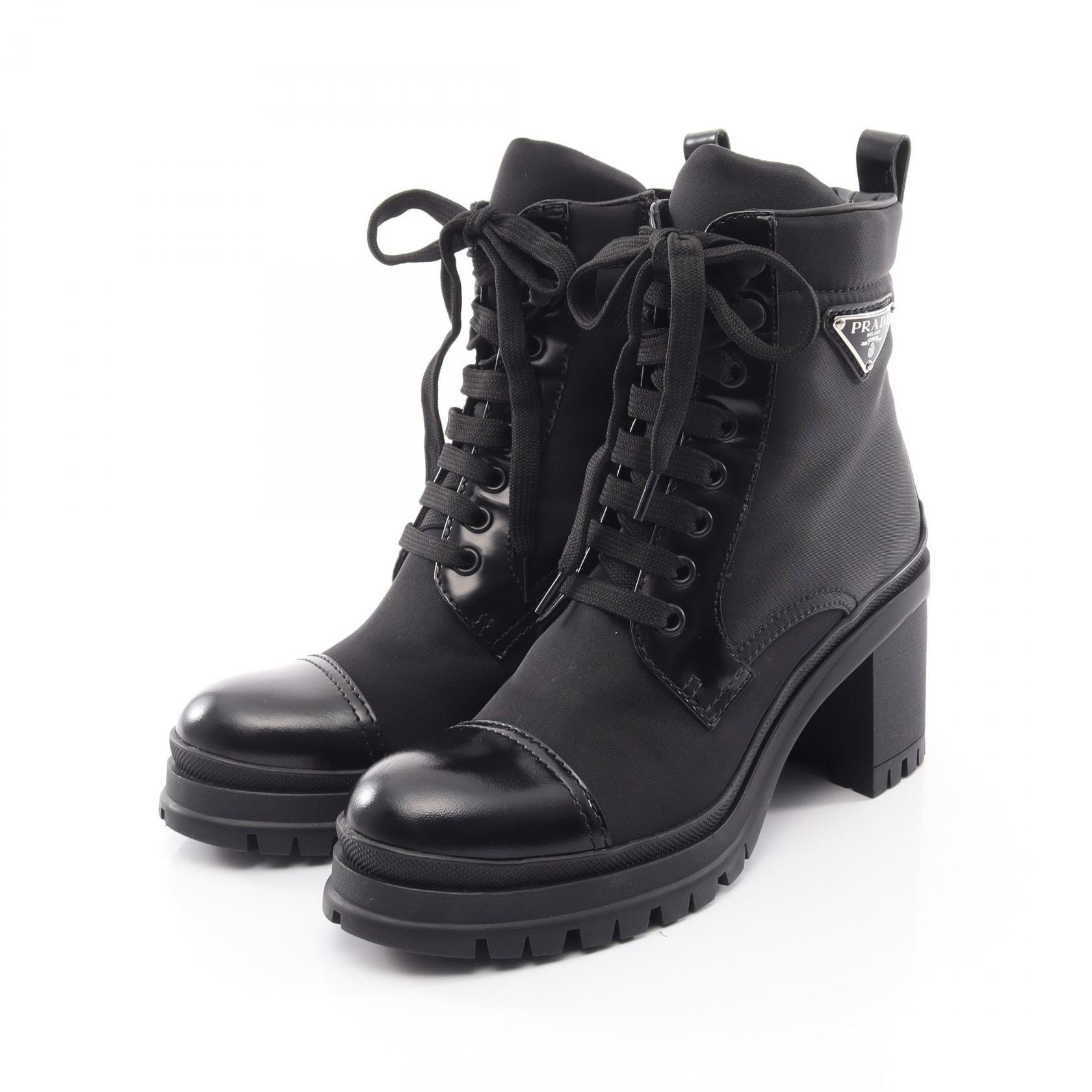 プラダ PRADA Re-Nylon トライアングルロゴ レースアップ ブーツ 靴 ナイロン レザー レディース ブラック系 【中古】