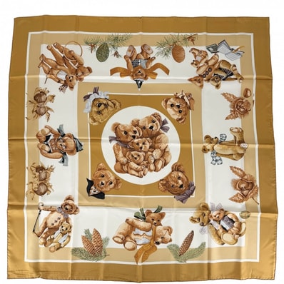 HERMES エルメス スカーフ カレ90 心の友 ファッションアイテム Carres テディベア シルク イエロー ブラウン 茶 レディース 美品【中古品】