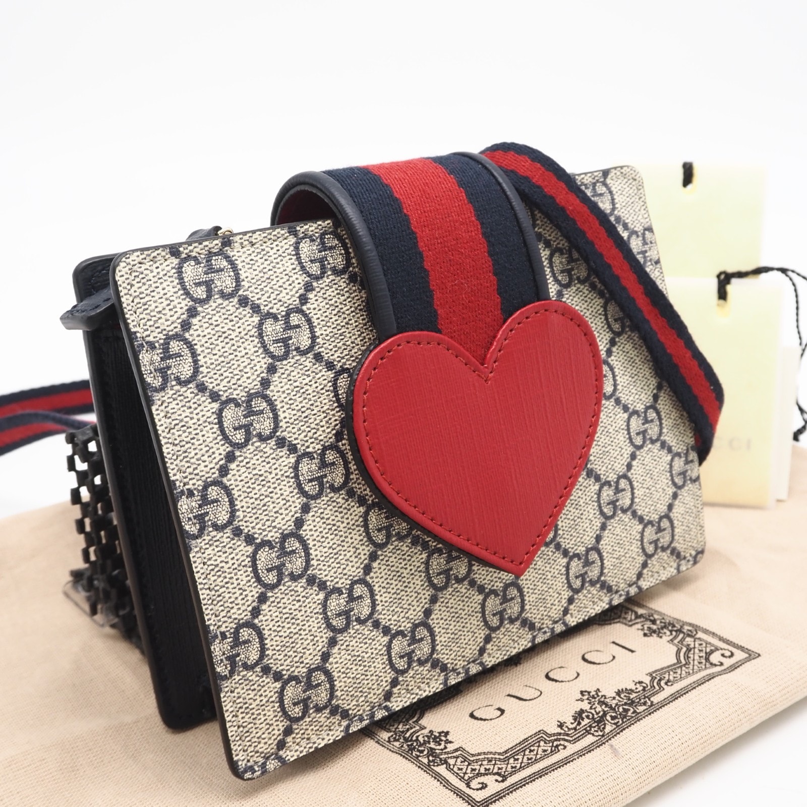 未使用 GUCCI グッチ チルドレンズ GGハート ショルダーミニバッグ 793830 ショルダーバッグ ネイビー ベージュ レッド キャンバス レザー レディース