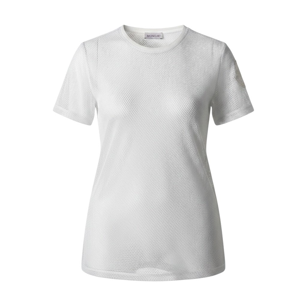 MONCLER モンクレール メッシュTシャツ ロゴワッペン レイヤードカットソー ホワイト ポリエステル カットソー A3-00378 【中古】