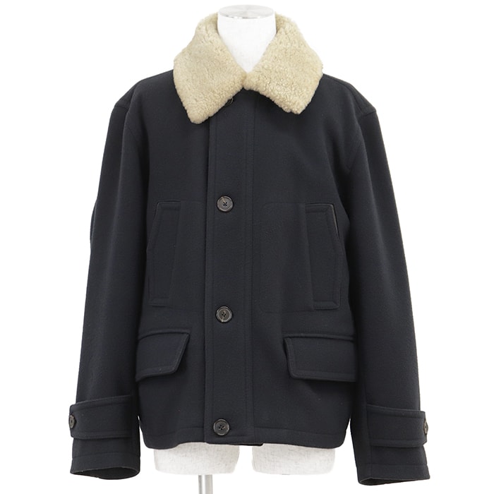 HERMES エルメス ブルゾン サイズ 50 メンズ BLOUSON DROIT COL PEAU LAINE ARCTIQUE ウール × カシミヤ ボアカラー アウター ネイビー アイボリー 紺 フランス製