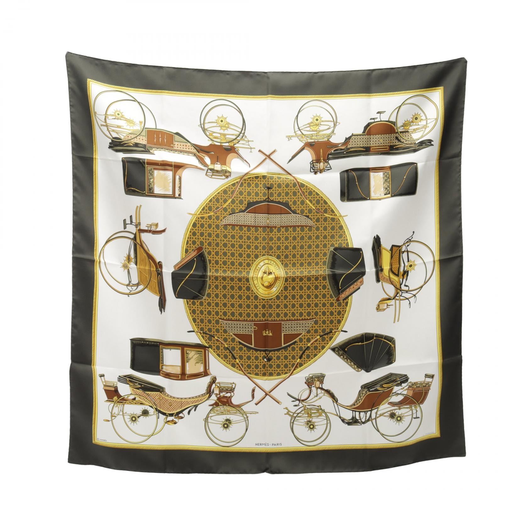 エルメス HERMES カレ90 LES VOITURES A TRANSFORMATION スカーフ 衣料品 シルク シルク レディース グリーン系 / マルチカラー 【中古】
