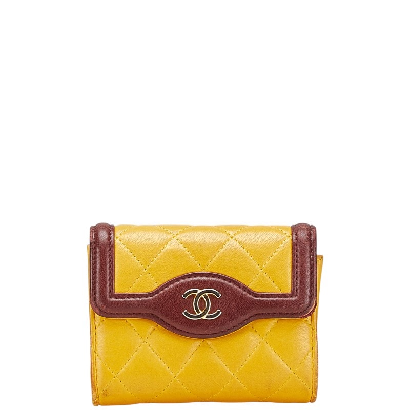 シャネル マトラッセ ココマーク コインケース カードケース イエロー ブラウン ラムスキン レディース CHANEL 【中古】