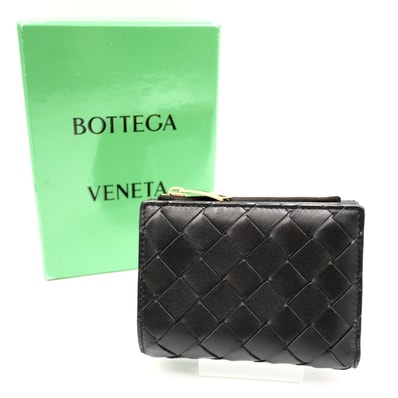 BOTTEGA VENETA(ボッテガ ヴェネタ)イントレチャート スモール 二つ折りファスナーウォレット 二つ折り財布 ブラック レザー ゴールド金具 レディース【中古】