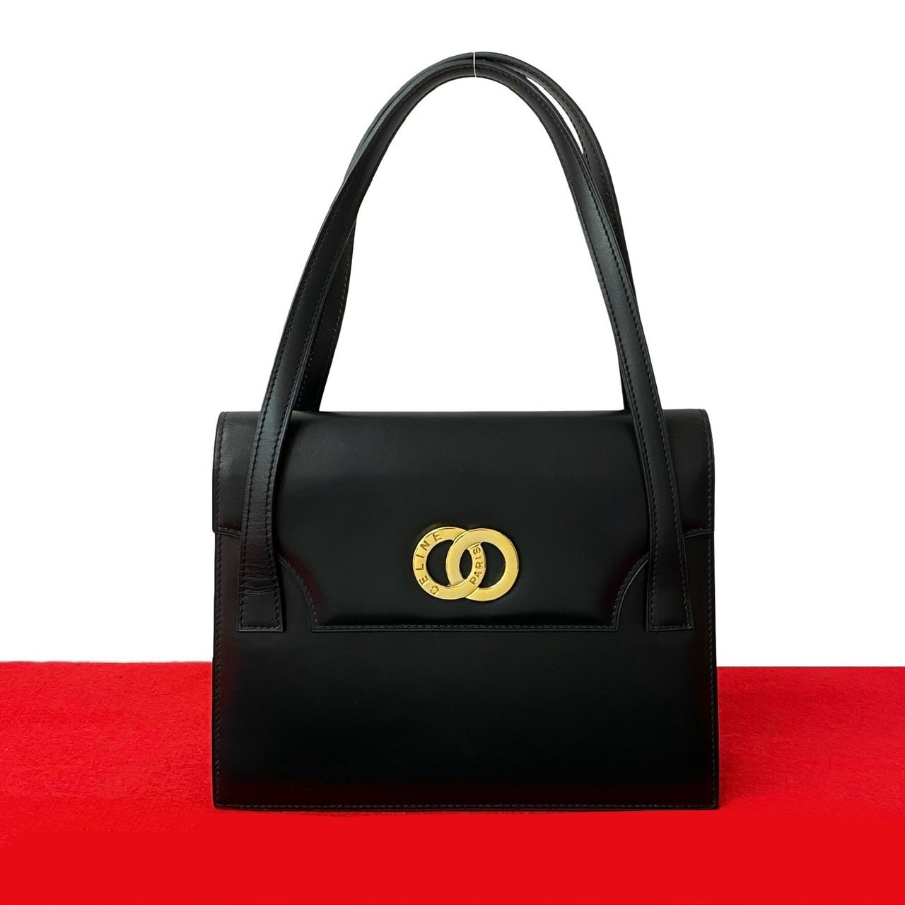 CELINE セリーヌ サークル ロゴ 金具 レザー ハンドバッグ ブラック
 40769