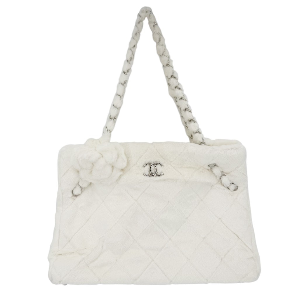 CHANEL シャネル トートバッグ カメリア マトラッセ チェーン ココマーク 肩掛け ハンドバッグ フェイクファー    ホワイト 白 シルバー金具 レディース【中古品】