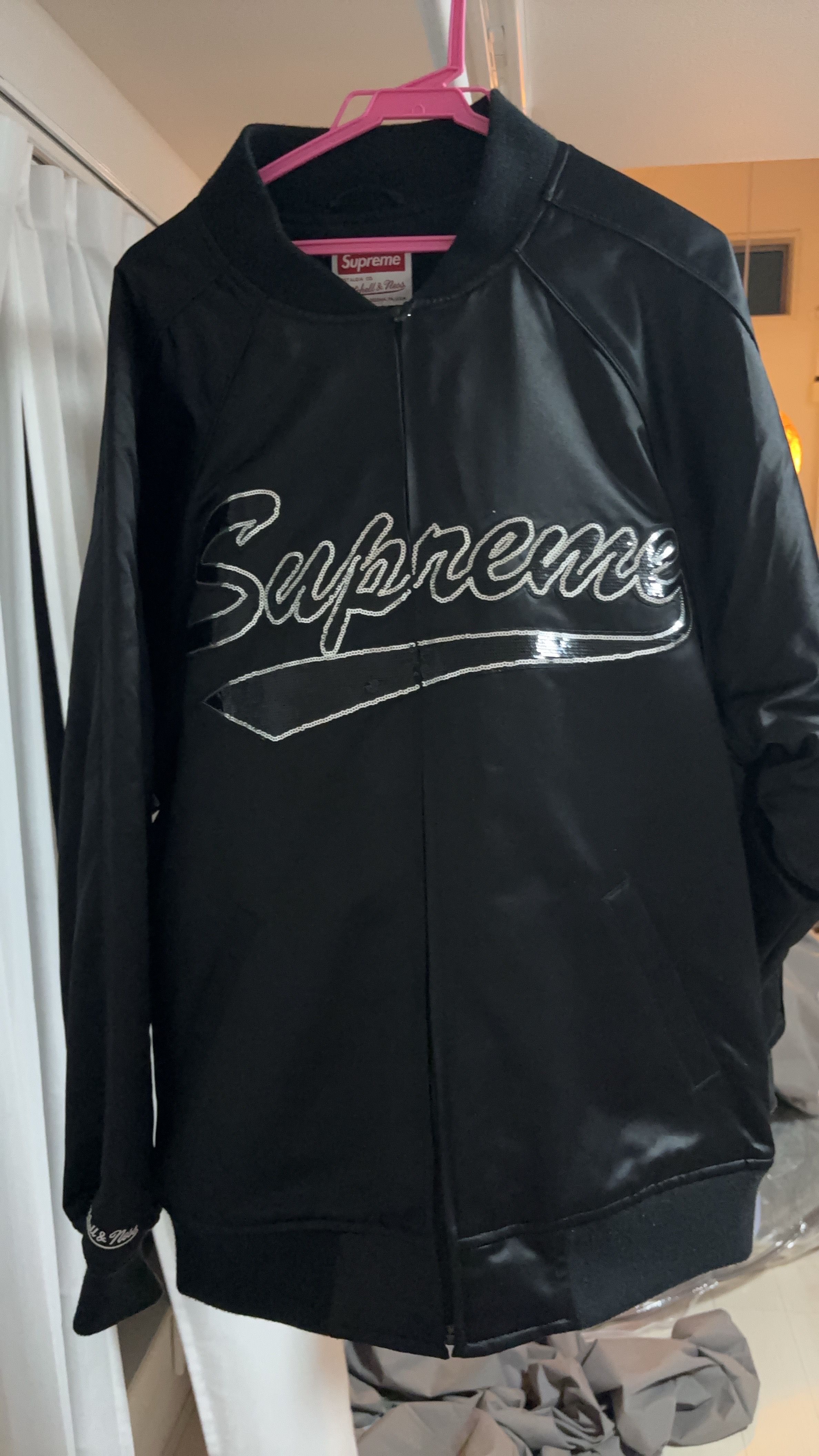 Supreme Mitchell & Ness Sequin Logo Varsity Jacket "Black"