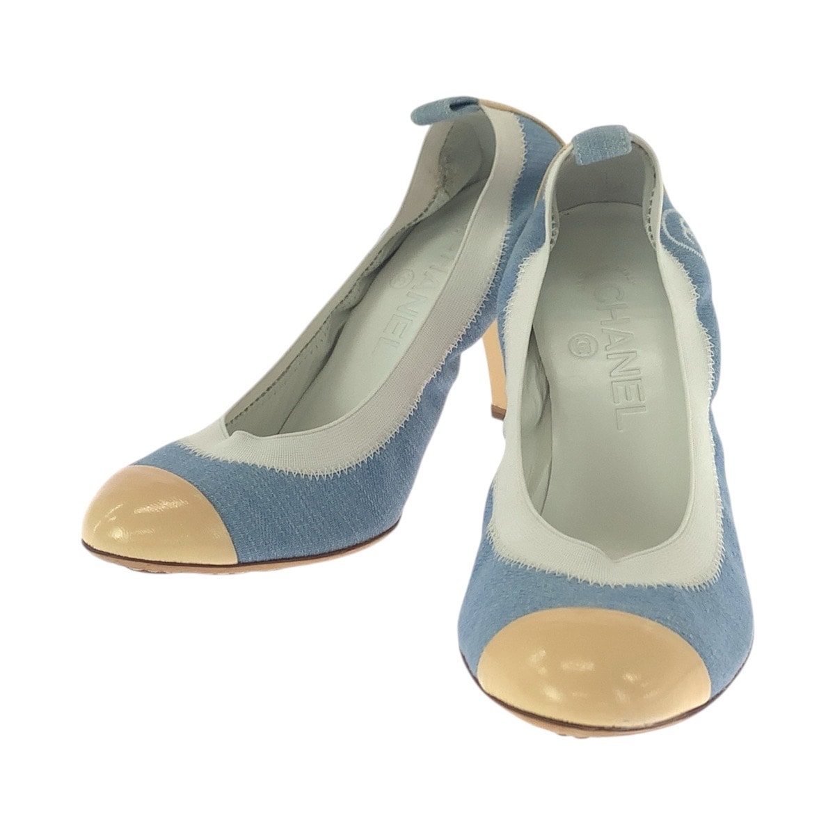 美品 CHANEL シャネル ココマーク サイズ37C ブルー デニム ベージュ デニム パテントレザー/ パンプス ハイヒール 505996 【中古】