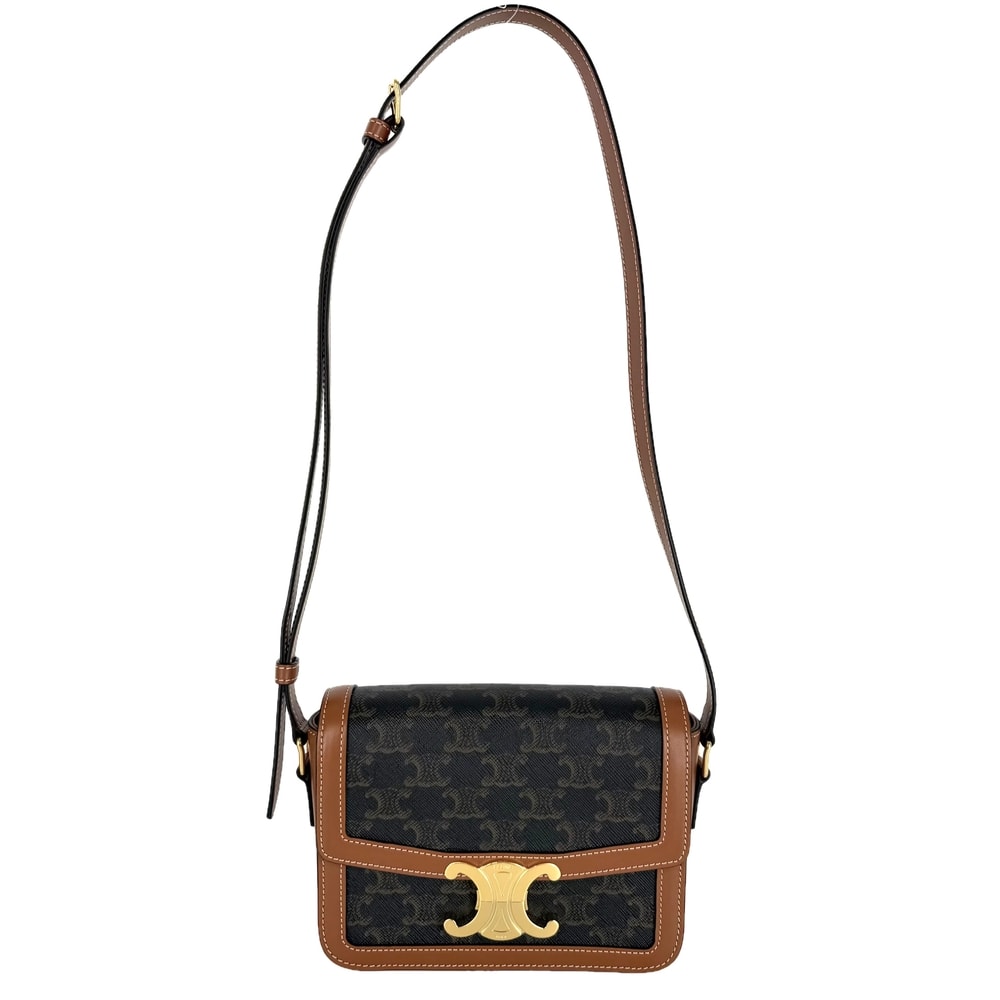 CELINE セリーヌ ショルダーバッグ ティーン トリオンフ 肩掛け 斜め掛け PVCコーティングキャンバス レザー ブラウン 茶 ゴールド金具 レディース 美品【中古品】