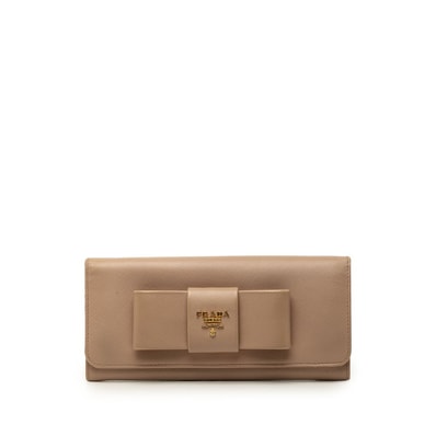 プラダ ロゴ リボン 二つ折り長財布 IM1132 ベージュ サフィアーノレザー レディース PRADA 【中古】