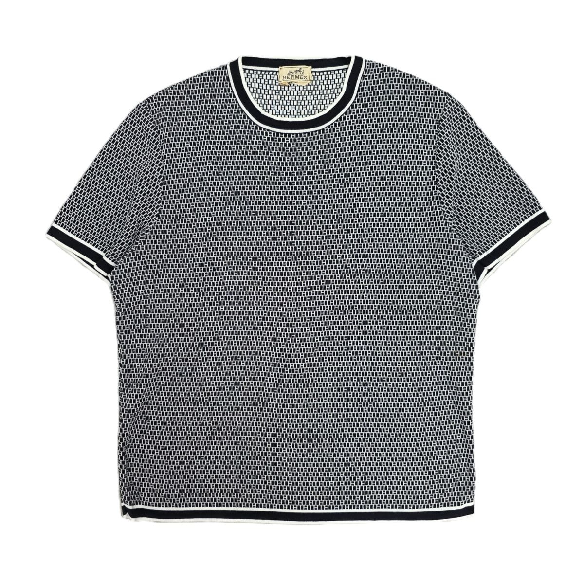 HERMES エルメス H総柄 コットンニット 薄手 半袖 カットソー ニット M コットン ブラック ホワイト  メンズ【中古】