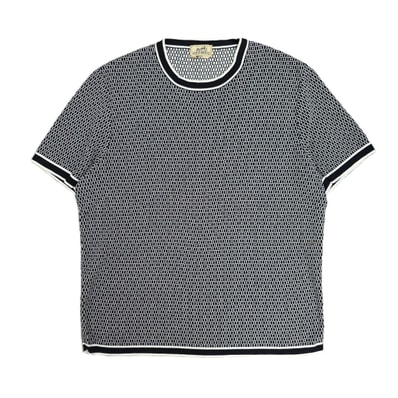 HERMES エルメス H総柄 コットンニット 薄手 半袖 カットソー ニット M コットン ブラック ホワイト メンズ【中古】