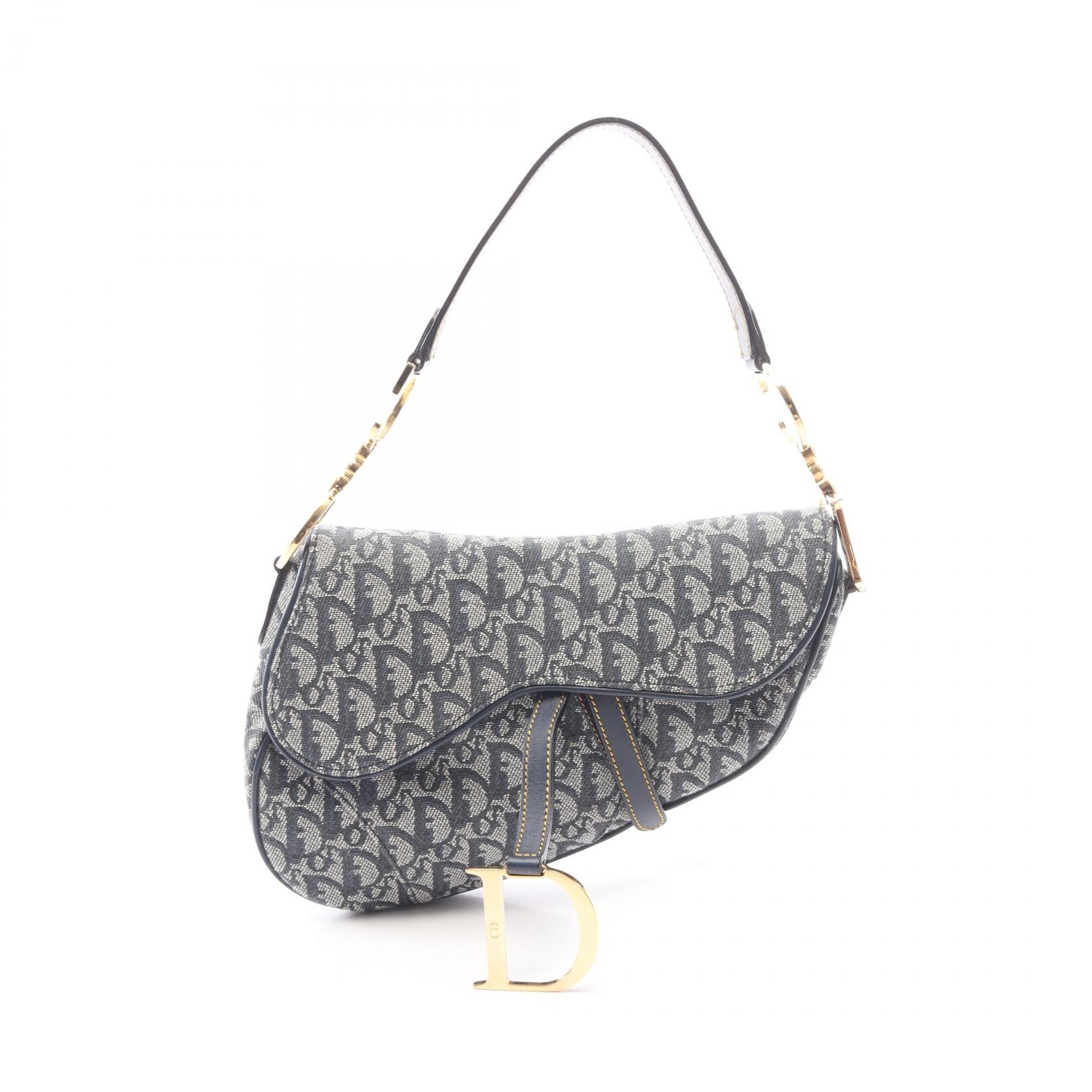 ディオール Dior サドルバッグ トロッター ハンドバッグ バッグ キャンバス レザー レディース アイボリー系 / ネイビー系 【中古】