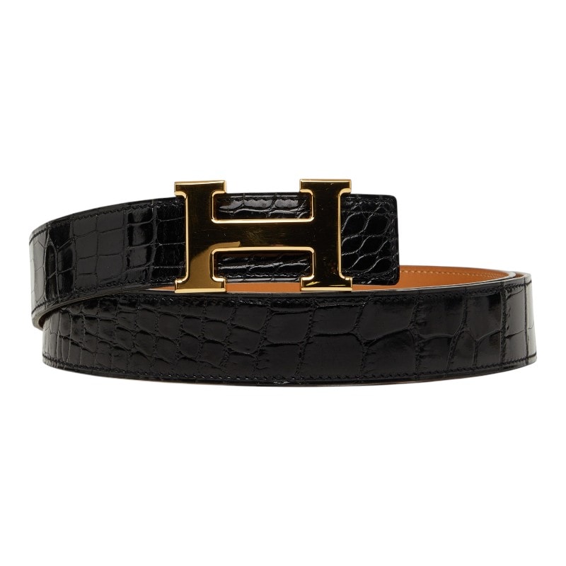 エルメス コンスタンス Hベルト ベルト サイズ105 ブラック ゴールド アリゲーター メンズ HERMES 【中古】