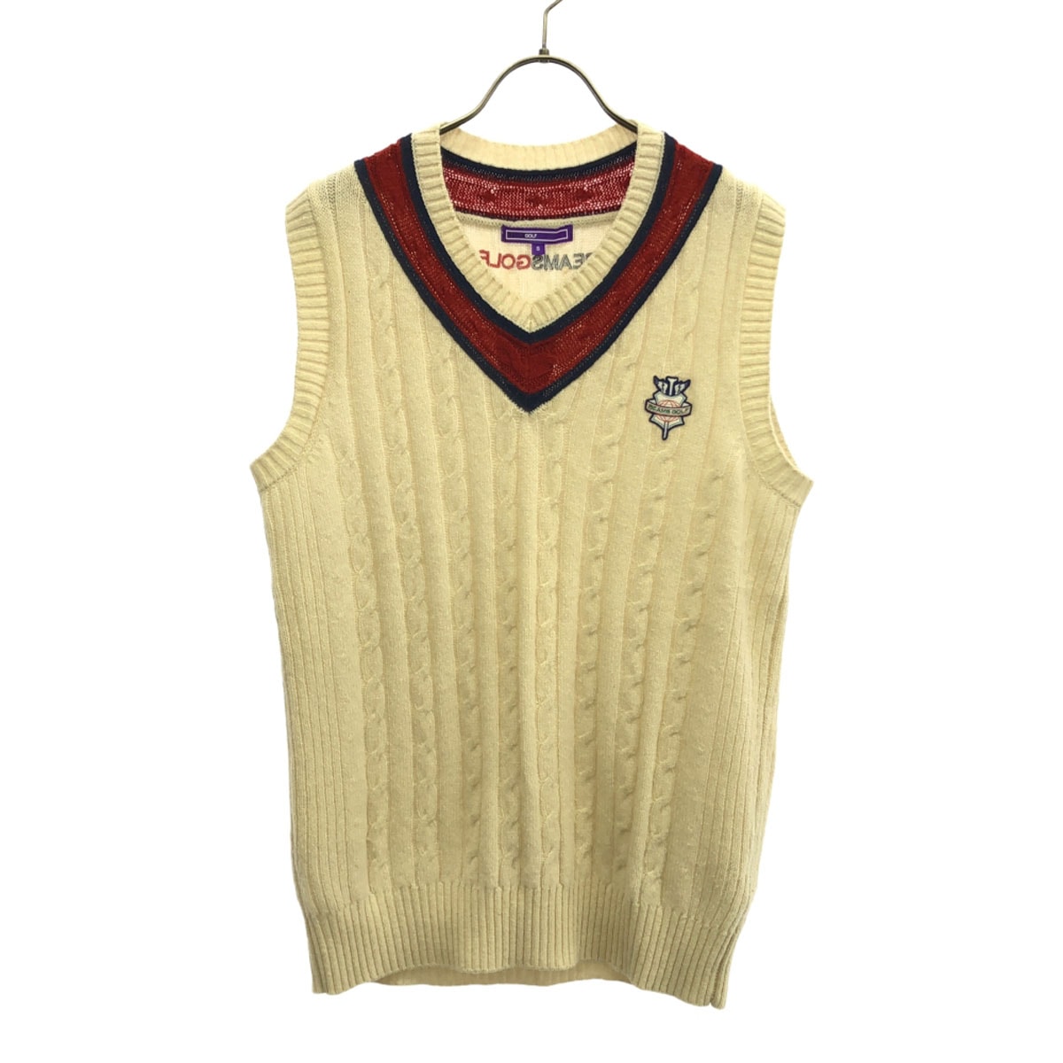 BEAMS GOLF ビームスゴルフ ウール100% ロゴワッペン ロゴ刺繍 ゴルフ ノースリーブ ニットベスト S アイボリー系