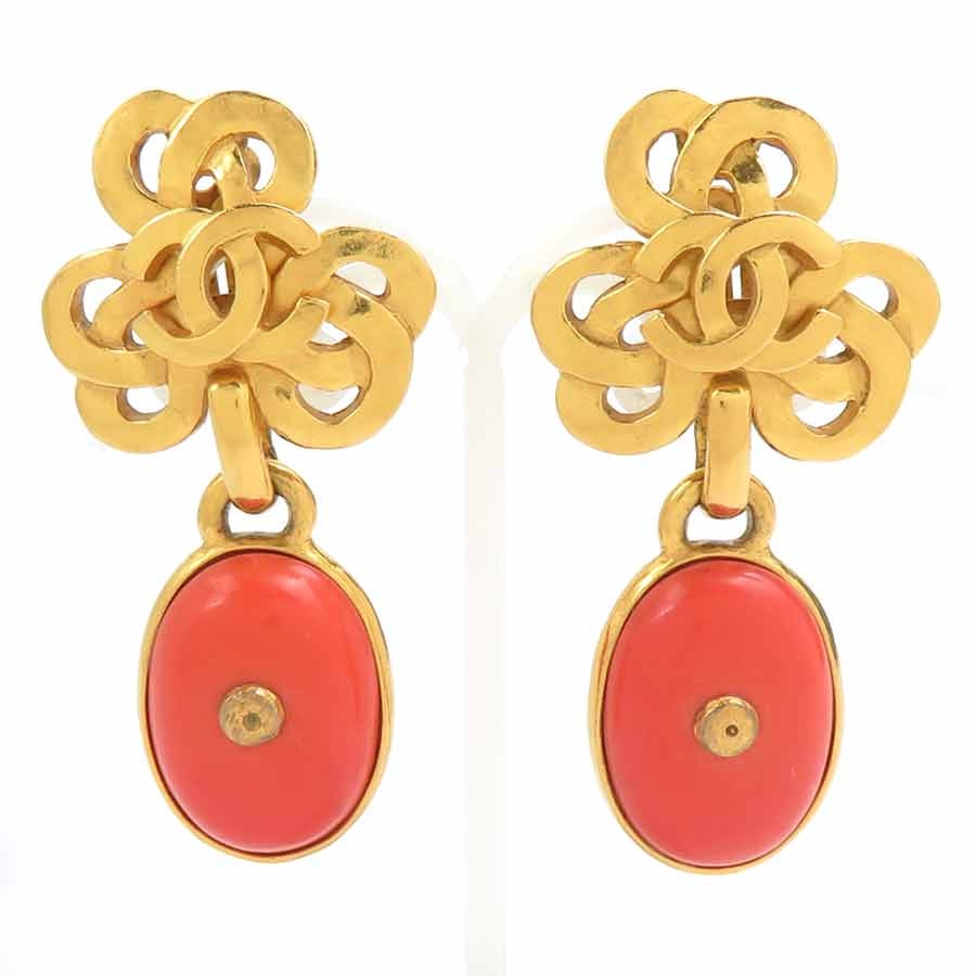 シャネル CHANEL イヤリング ココマーク メタル/ストーン ゴールド/オレンジ レディース【中古】 e61854a
