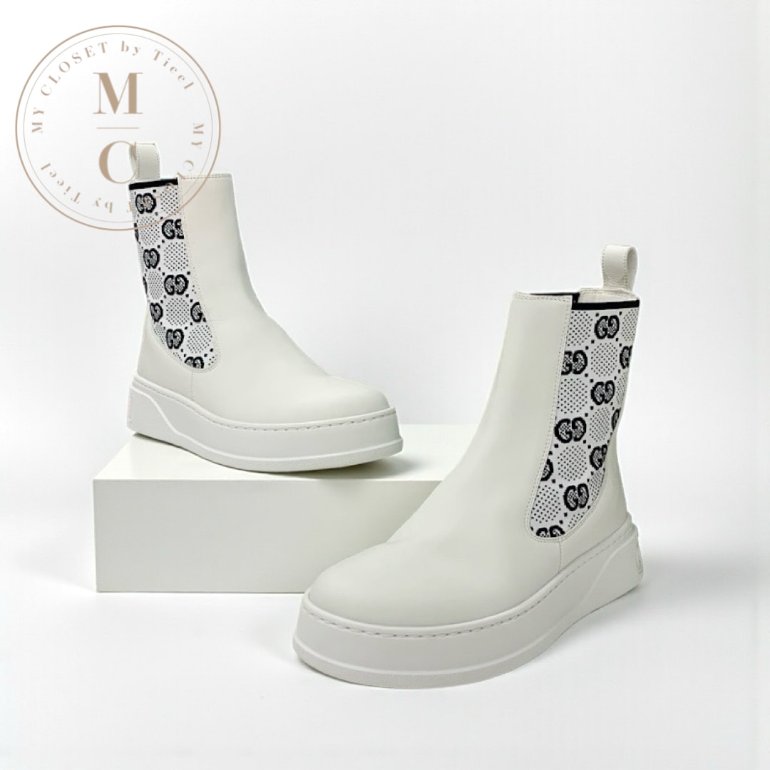 グッチ GUCCI GGスプリーム ブーツ ショートブーツ 靴 シューズ レザー ファブリック ホワイト 白 未使用 ロゴ サイドゴアブーツ