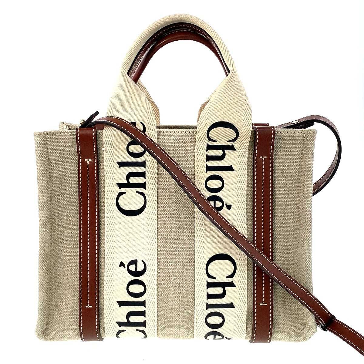 Chloe クロエ ウッディ スモール トートバッグ CHC22AS397I2690U リネン カーフ アイボリー ブラウン レディース【中古】