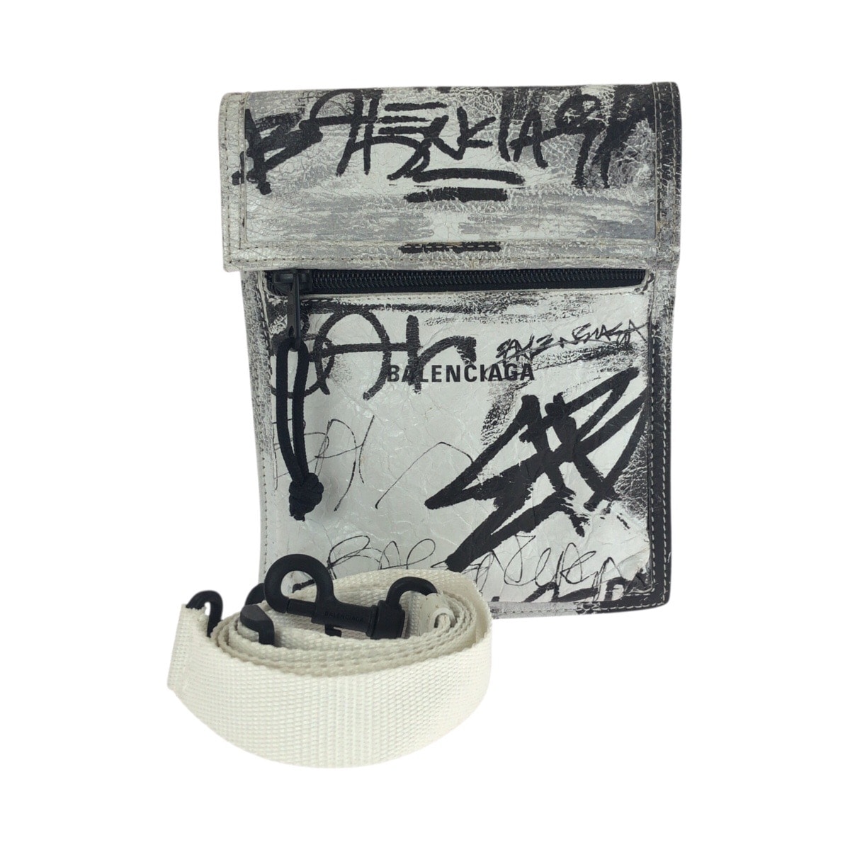 美品 BALENCIAGA バレンシアガ グラフィティ エクスプローラー ホワイト ブラック レザー ショルダーバッグ ポシェット 506292 【中古】