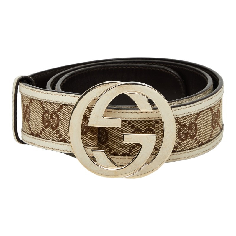 グッチ インターロッキングG GGキャンバス ベルト 85・34 114876 ベージュ ホワイト キャンバス レザー メンズ GUCCI 【中古】