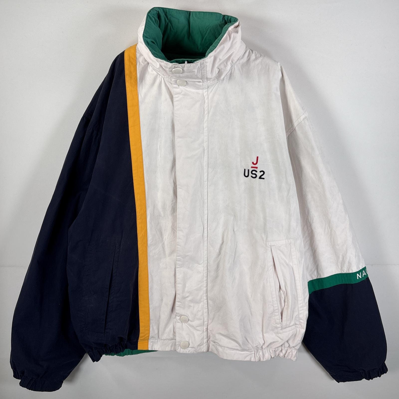 古着 90's/90年代 ノーティカ NAUTICA セーリングジャケット リバーシブル 収納フード付き 刺繍ロゴ XL ホワイト グリーン メンズ