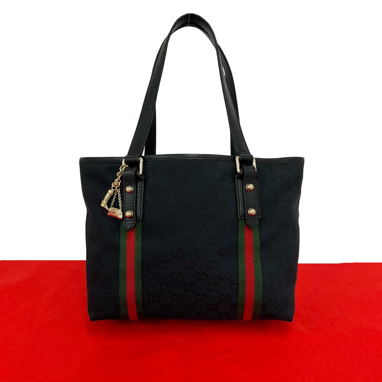 GUCCI グッチ シェリーライン GG ロゴ 柄 キャンバス レザー トートバッグ ブラック
 l14-6