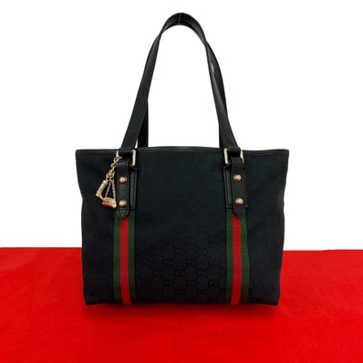 GUCCI グッチ シェリーライン GG ロゴ 柄 キャンバス レザー トートバッグ ブラック
l14-6