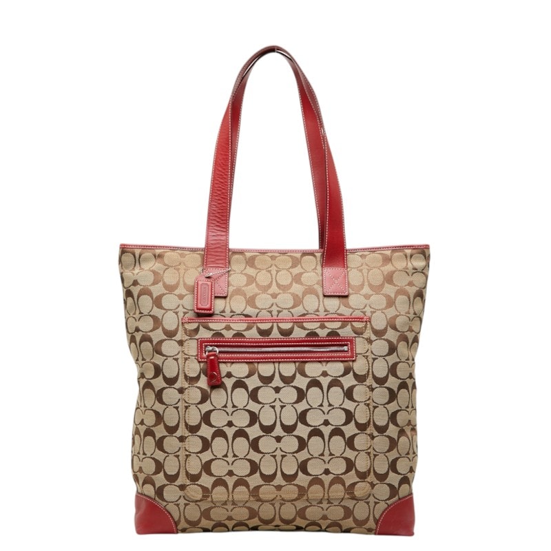 コーチ シグネチャー ショルダーバッグ トートバッグ 6071 ベージュ レッド キャンバス レザー レディース COACH 中古
