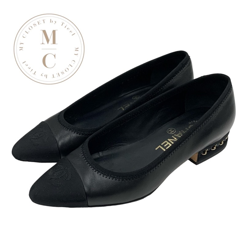 シャネル CHANEL パンプス 靴 シューズ ラムスキン ファブリック ブラック 黒 チェーン ココマーク