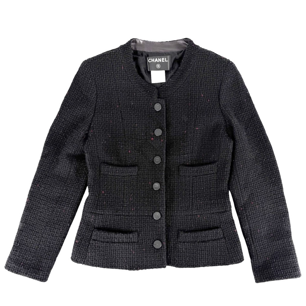 CHANEL シャネル ノーカラージャケット ココマーク ツイード ココボタン アパレル アウター 服 36 ブラック 黒 バーガンディ シルバー金具 ウール アクリル レーヨン ナイロン レディース 2001年【中古品】