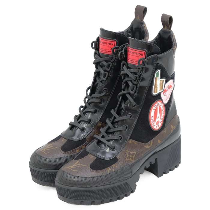 【美品】LOUIS VUITTON ルイ・ヴィトン アンクルブーツ サイズ 37.5 レディース ワールドツアーライン ローリエート シグネチャー ロゴ ワッペン パテント × レザー × LVモノグラム 厚底 シューズ 革靴 ブラック系 黒 イタリア製