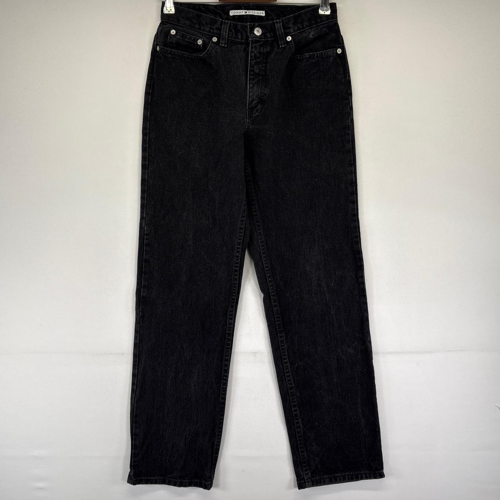 古着 トミーヒルフィガー TOMMY HILFIGER デニム パンツ スリムストレート レザーパッチ ジーパン ロゴ 6   ブラック系 レディース