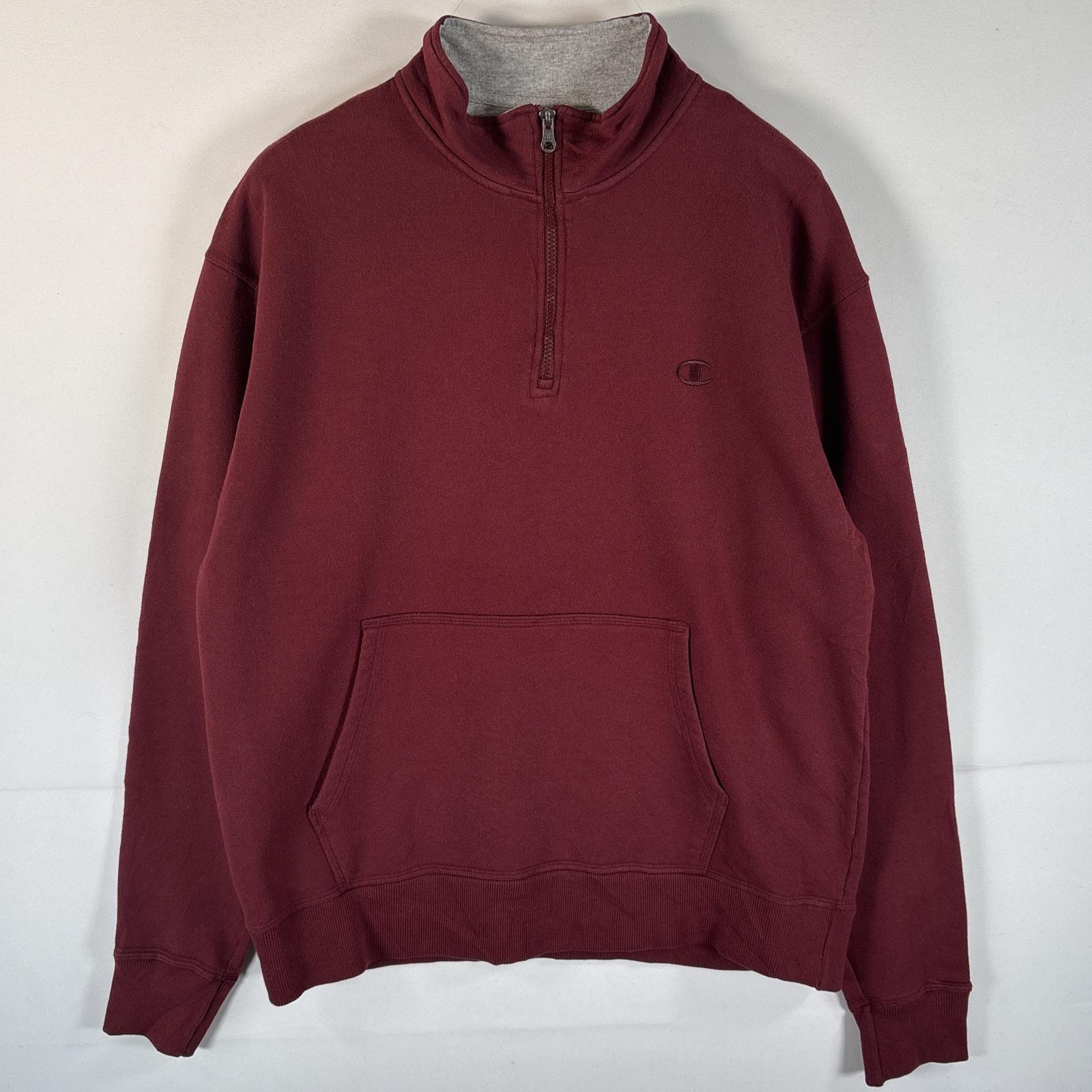 古着 チャンピオン Champion スウェット ハーフジップ トレーナー ワンポイントロゴ刺繍 ポケット L  レッド系 メンズ