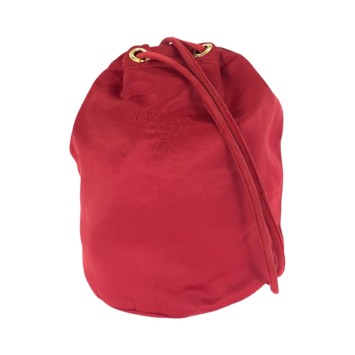 美品 PRADA プラダ ロゴ刺繍 レッド ゴールド金具 サテン ショルダーバッグ ポーチ 巾着 505911 【中古】