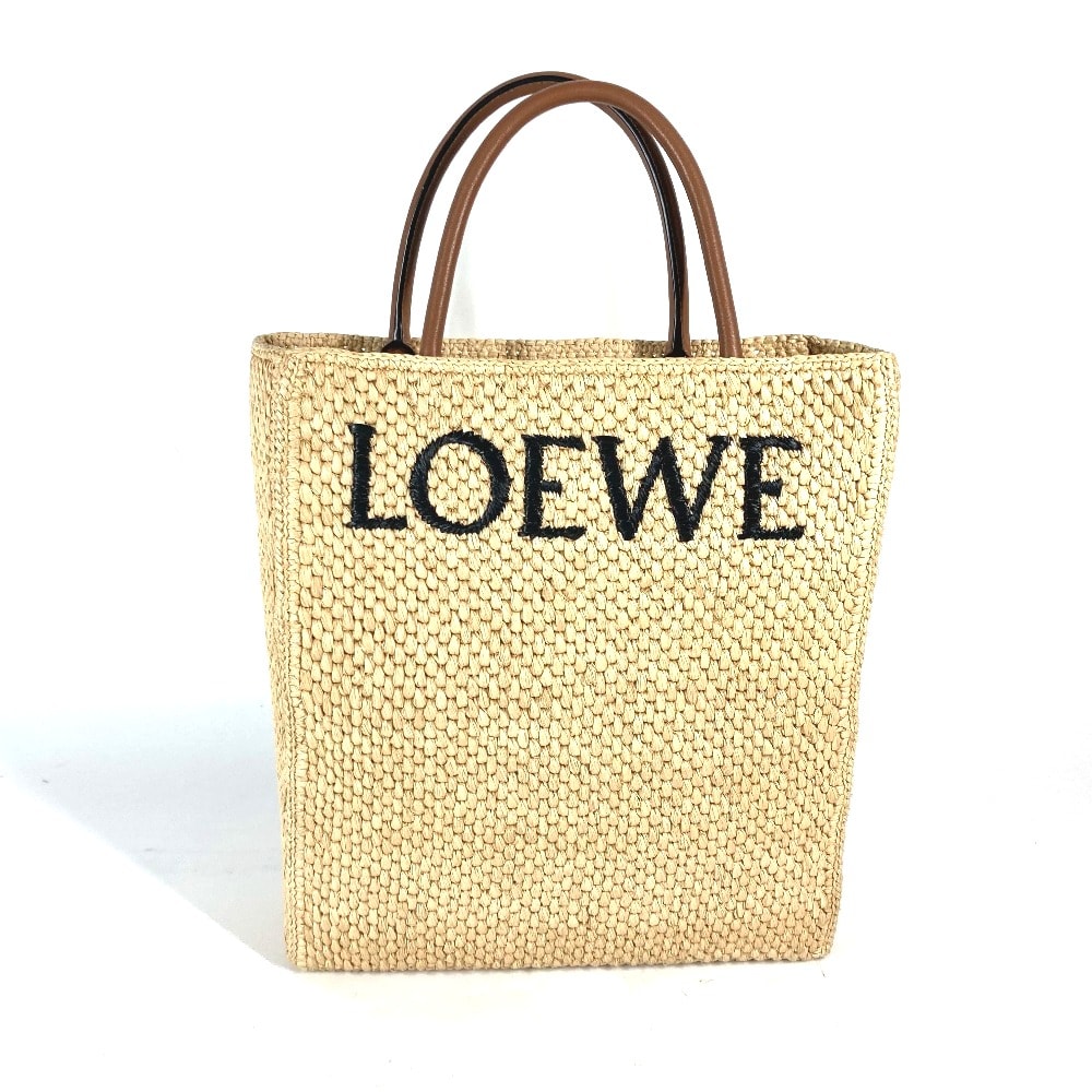 ロエベ LOEWE スタンダード A4 縦型 ロゴ 2WAYバッグ ショルダーバッグ 肩掛け カバン トートバッグ ラフィア ベージュ×ブラウン 未使用