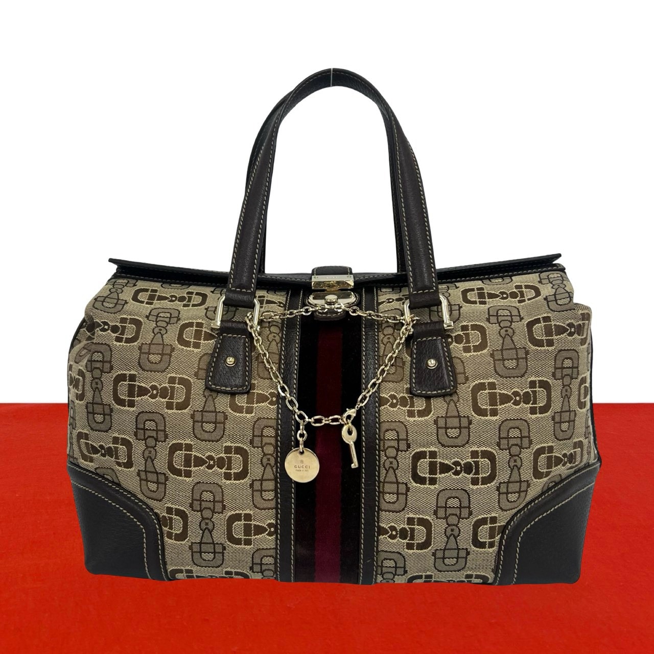 GUCCI グッチ シェリーライン ホースビット 柄 キャンバス レザー ベロア ハンドバッグ ブラウン
50681