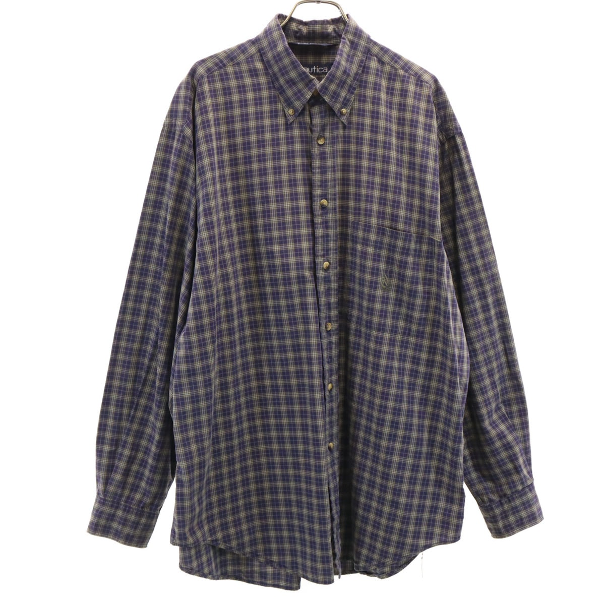 NAUTICA ノーティカ 90s USA製 オールド チェック柄 長袖 ボタンダウンシャツ L ネイビー