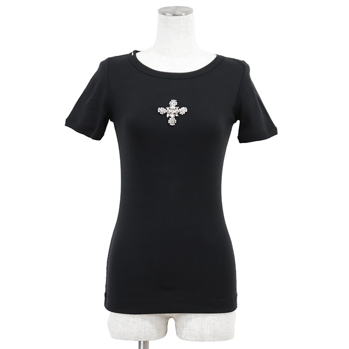 SALE【未使用】DOLCE&GABBANA ドルチェアンドガッバーナ カットソー Tシャツ 半袖 サイズ 38 レディース クリスタルビジュー クロス ストレッチフライス トップス 袋付属 ブラック 黒 イタリア製