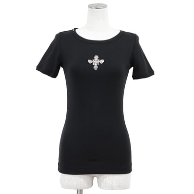 SALE【未使用】DOLCE&GABBANA ドルチェアンドガッバーナ カットソー Tシャツ 半袖 サイズ 38 レディース クリスタルビジュー クロス ストレッチフライス トップス 袋付属 ブラック 黒 イタリア製