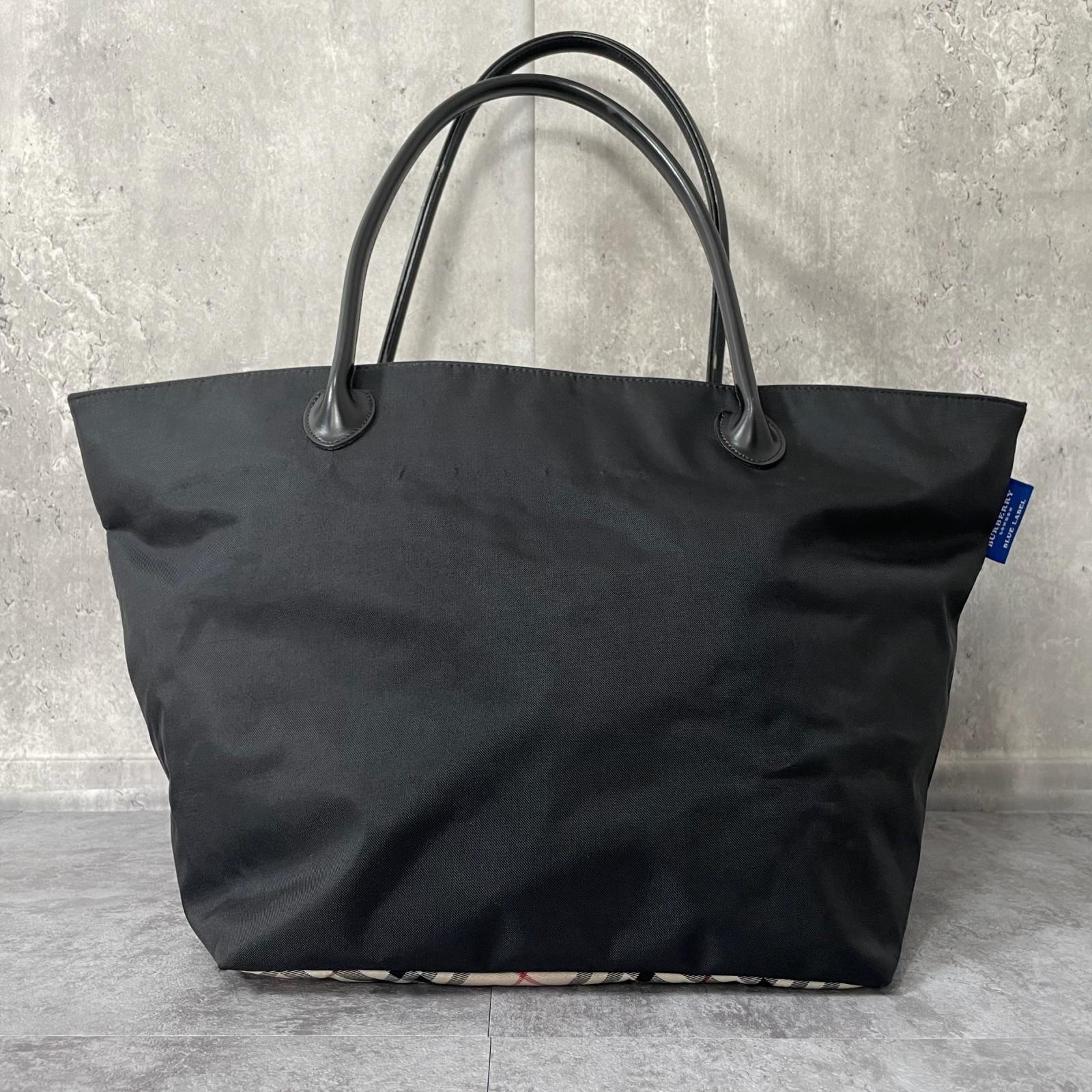 【BURBERRY BLUE LABEL】バーバリーブルーレーベル トートバッグ ナイロン レザー ブラック ノバチェック 大容量 肩掛け 日本製 レディース
