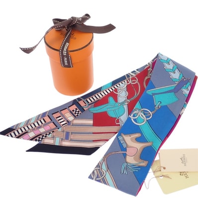 エルメス HERMES ツイリー BRIDES ET GRIS GRIS 馬勒とチャーム 062849S スカーフ シルク マルチカラー ブルー系 レディース【中古】【ABランク】