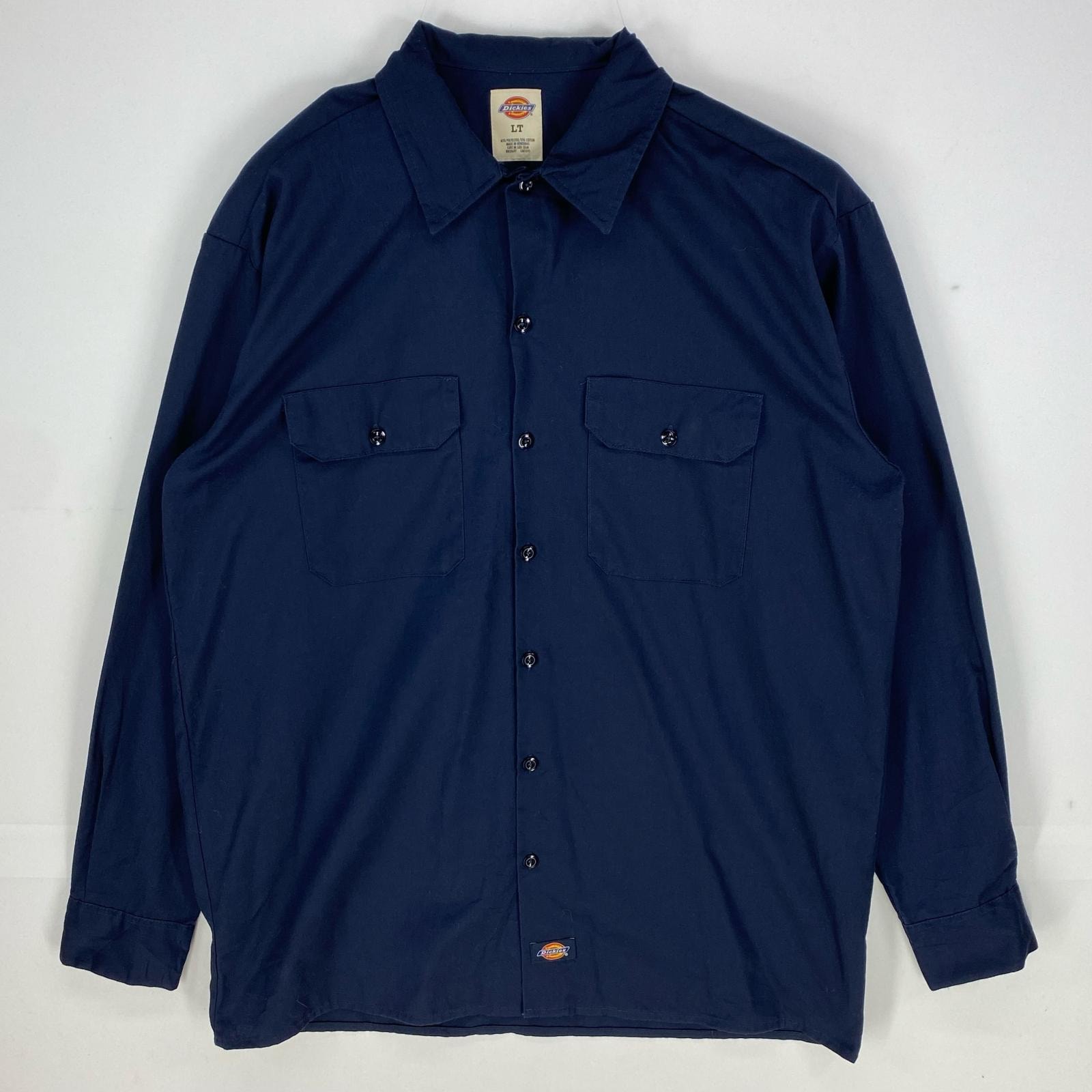 古着 ディッキーズ Dickies 長袖シャツ ワークシャツ 胸ポケット ワンポイントロゴ ロングスリーブ LT ネイビー系 無地 メンズ
