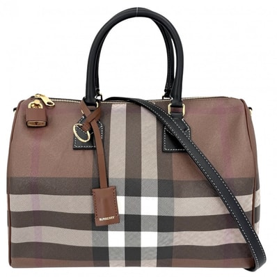 BURBERRY バーバリー 2WAY ミディアム チェック ボウリングバッグ ハンドバッグ ショルダーバッグ 肩掛け 斜め掛け ミニボストンバッグ レザー ブラウン 茶 ブラック 黒 ゴールド金具 レディース【中古品】