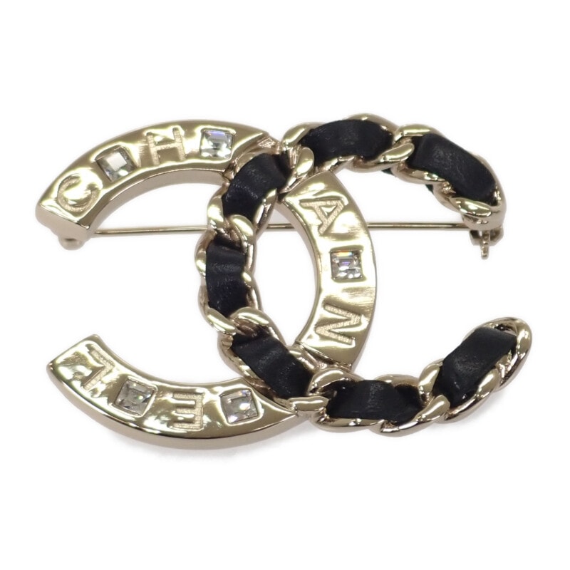 シャネル CHANEL ココマーク ブローチ メタル レザー クリスタル ゴールド レディース【中古】【ABランク】