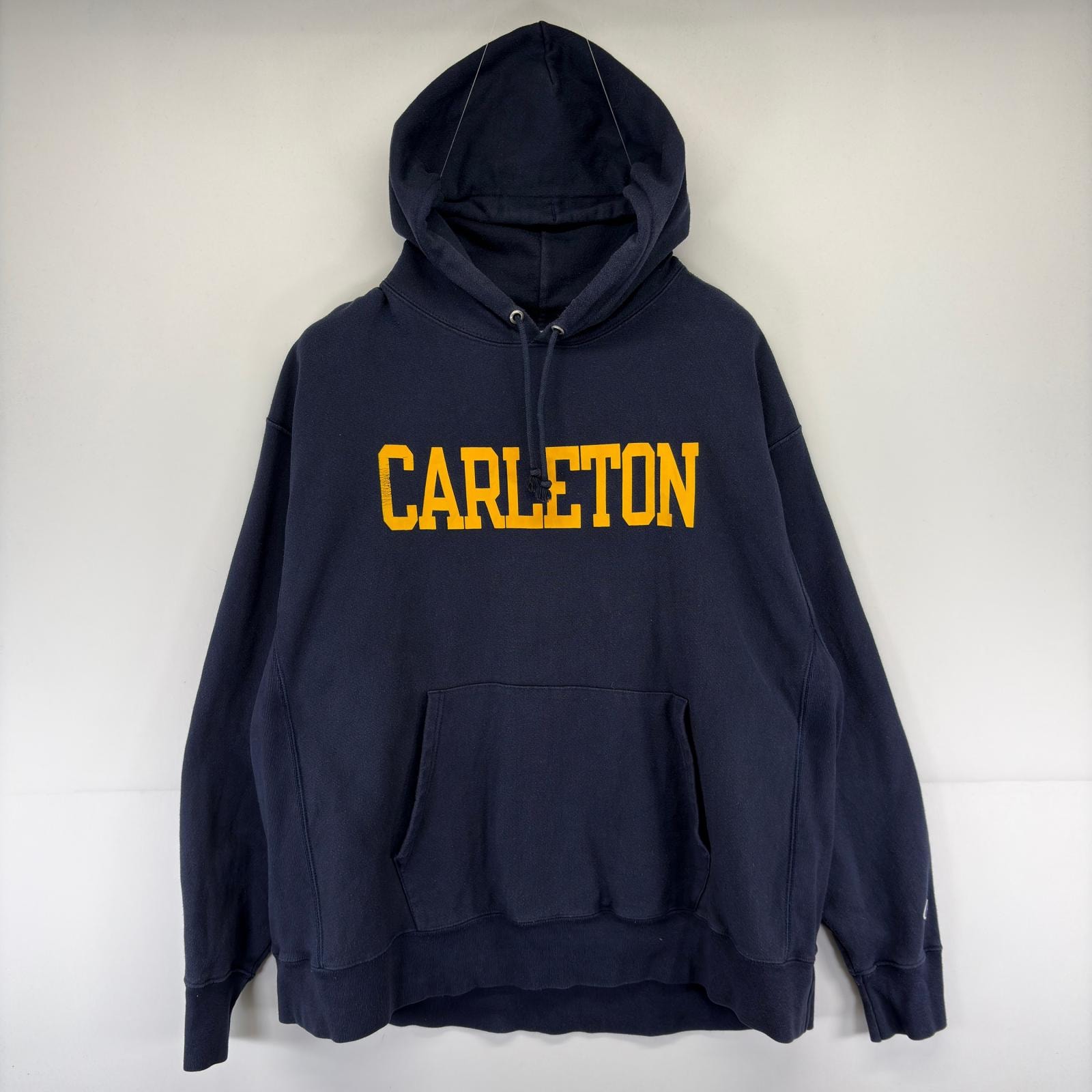 古着 チャンピオン Champion スウェット カレッジ 大きいサイズ リバースウィーブ フーディー パーカー プリント 2XL  ネイビー メンズ