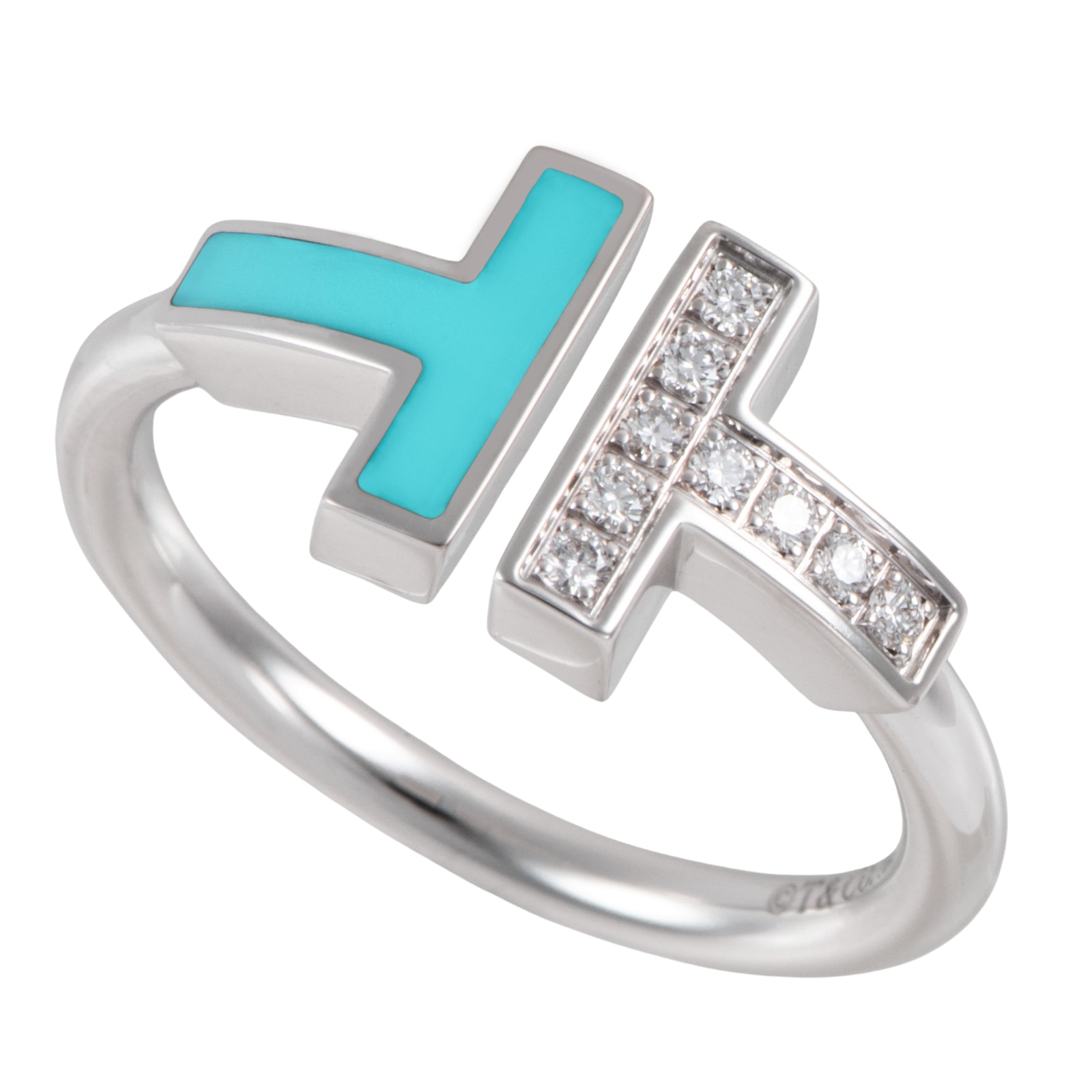 TIFFANY&Co. ティファニー T ダイヤモンド＆ターコイズ ワイヤー リング・指輪 10号 K18WG ダイヤモンド ターコイズ シルバー ブルー【中古】