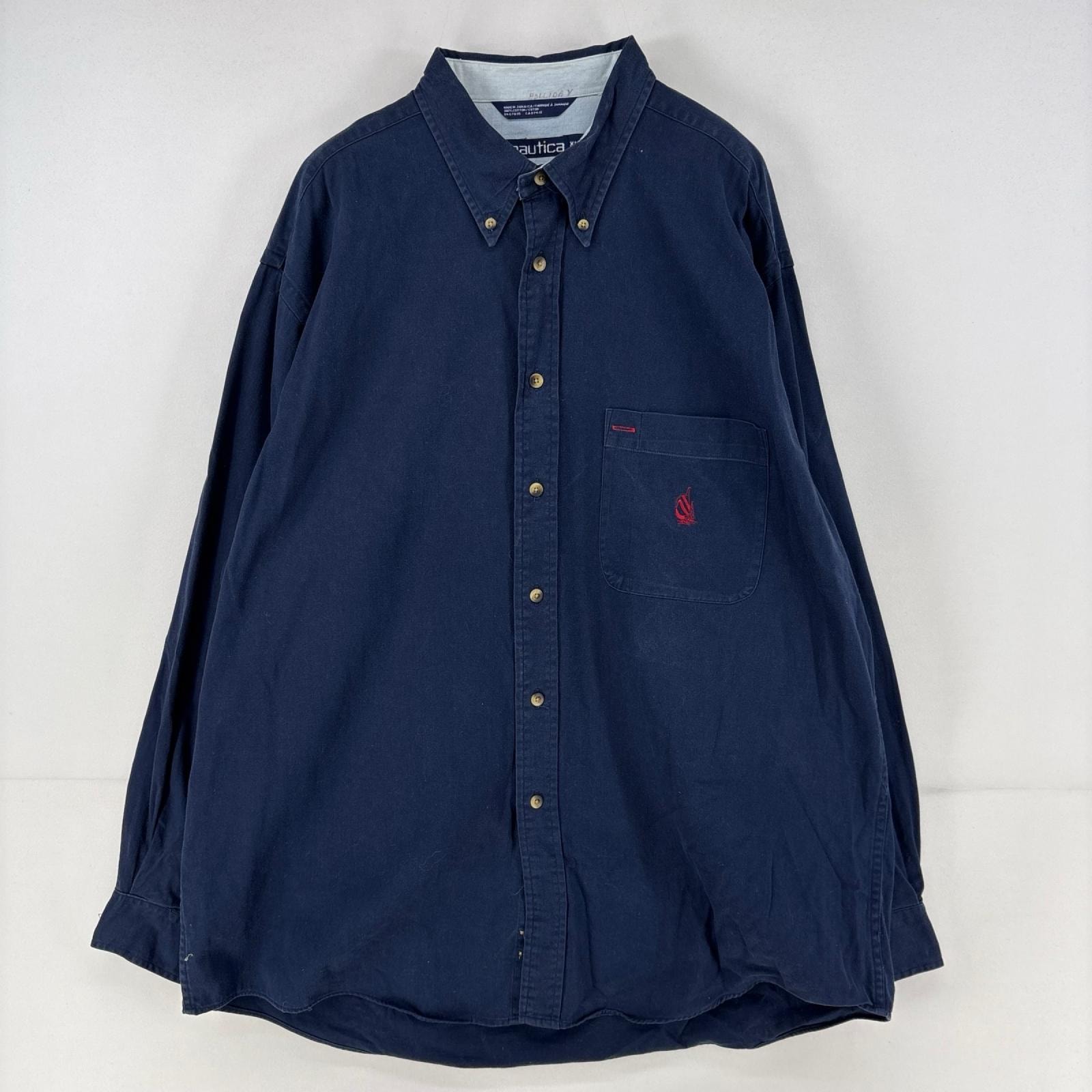 古着 90's/90年代 ノーティカ NAUTICA 長袖シャツ ワンポイントロゴ刺繍 胸ポケット ボタンダウン XL ネイビー メンズ